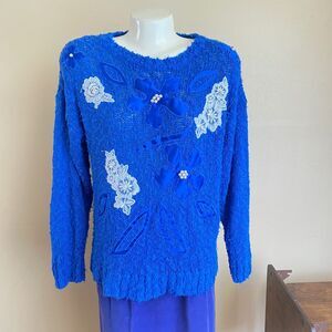 Vintage Blue Medium Knit Sweater Embroidery Beaded 90s Floral Flair Grandmacore
